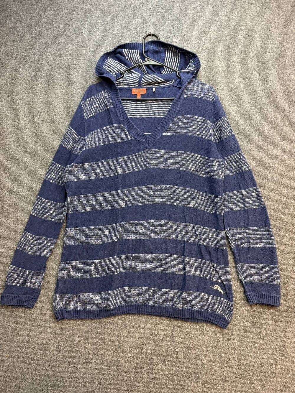 Relax Tommy Bahama Women's L Navy Stripe Cotton Hooded Pullover Sweater